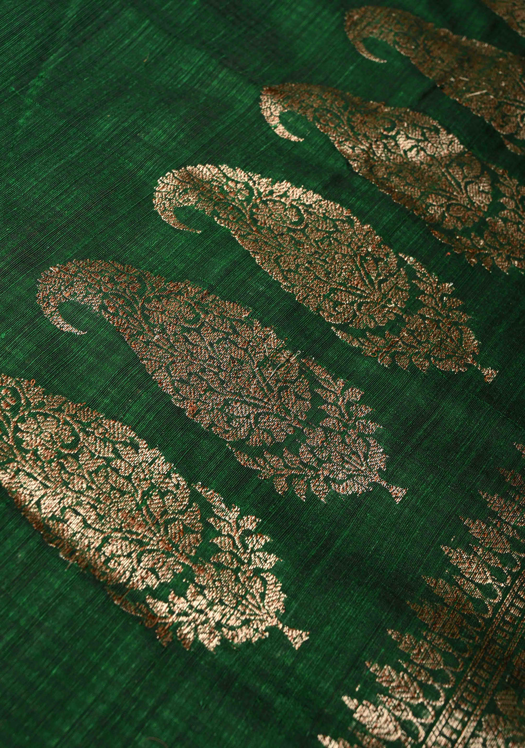 Pure Banarasi Dupion Silk Saree in Forest Green with Antique Zari Paisley Buttas and Zari Border | SILK MARK CERTIFIED
