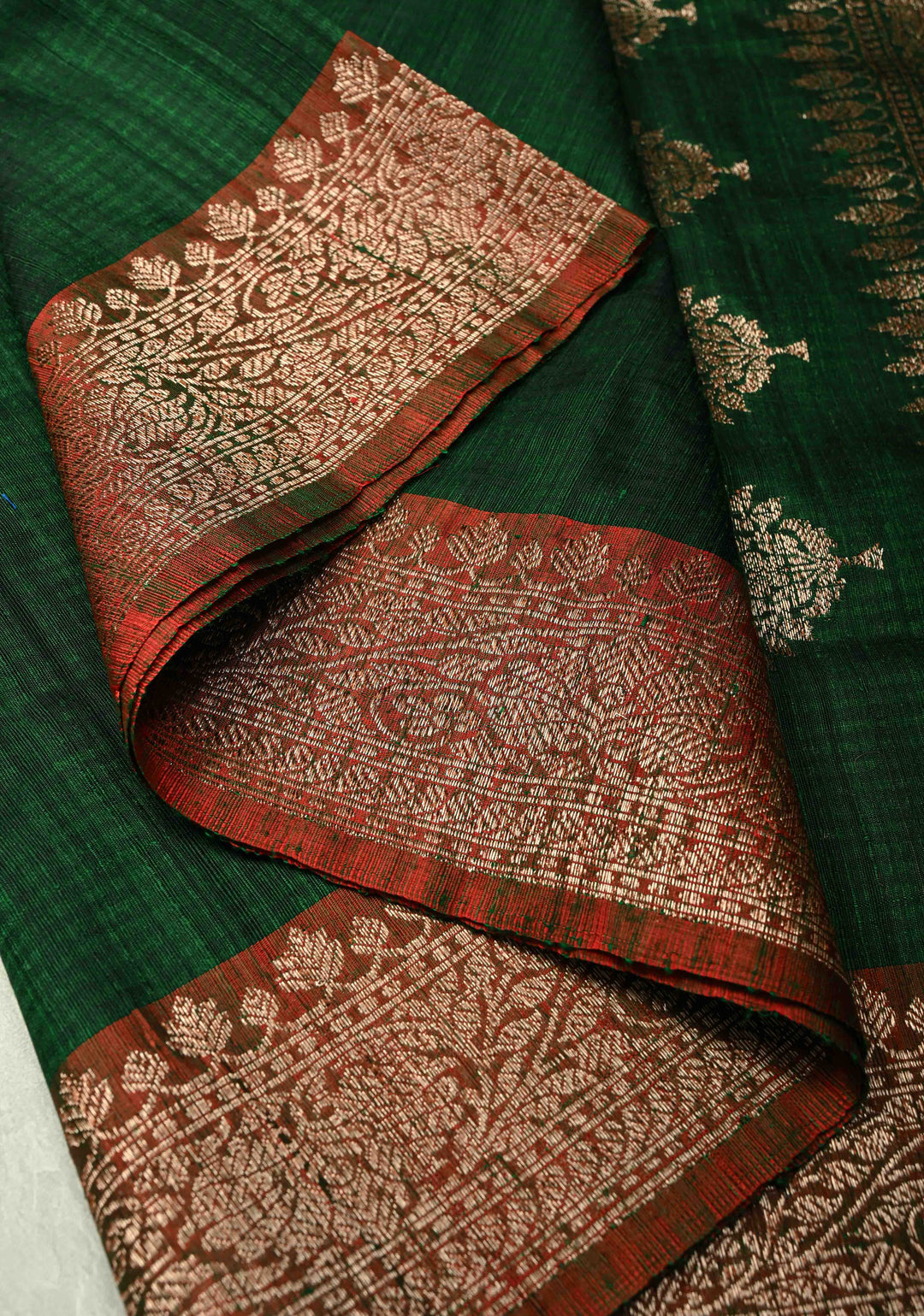 Pure Banarasi Dupion Silk Saree in Forest Green with Antique Zari Paisley Buttas and Zari Border | SILK MARK CERTIFIED