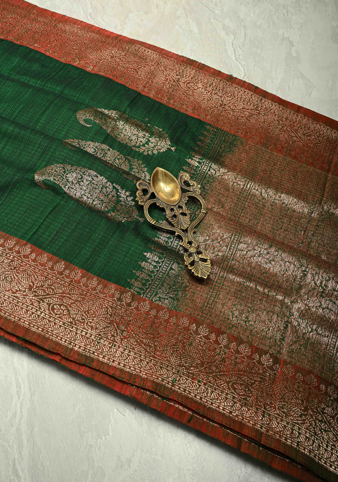 Pure Banarasi Dupion Silk Saree in Forest Green with Antique Zari Paisley Buttas and Zari Border | SILK MARK CERTIFIED