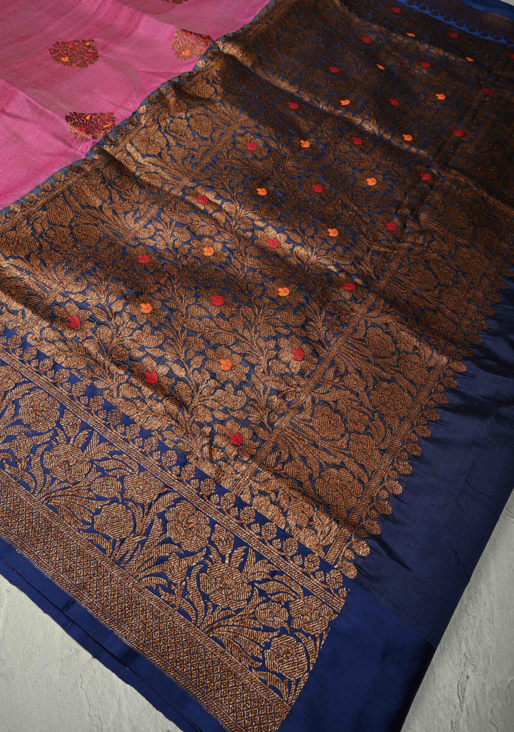 Mulberry Banarasi Tussar Silk Saree with Antique Meenakari Zari Buttas and Contrast Zari Border | SILK MARK CERTIFIED