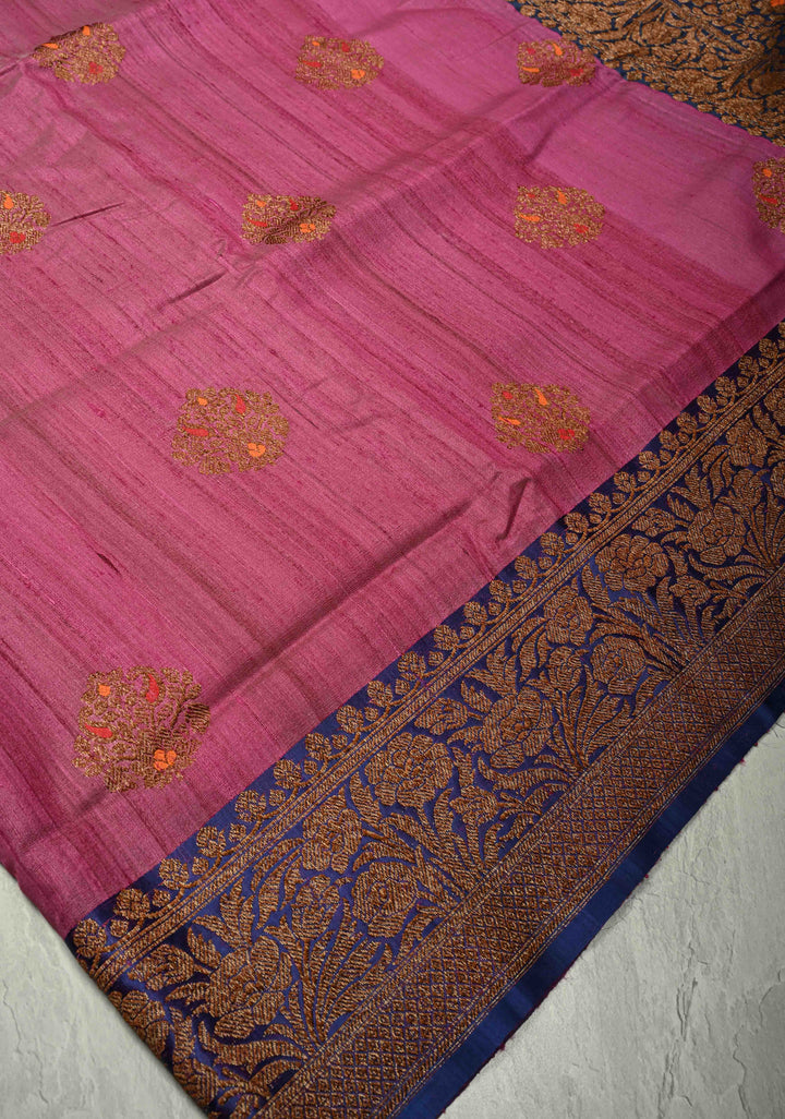 Mulberry Banarasi Tussar Silk Saree with Antique Meenakari Zari Buttas and Contrast Zari Border | SILK MARK CERTIFIED