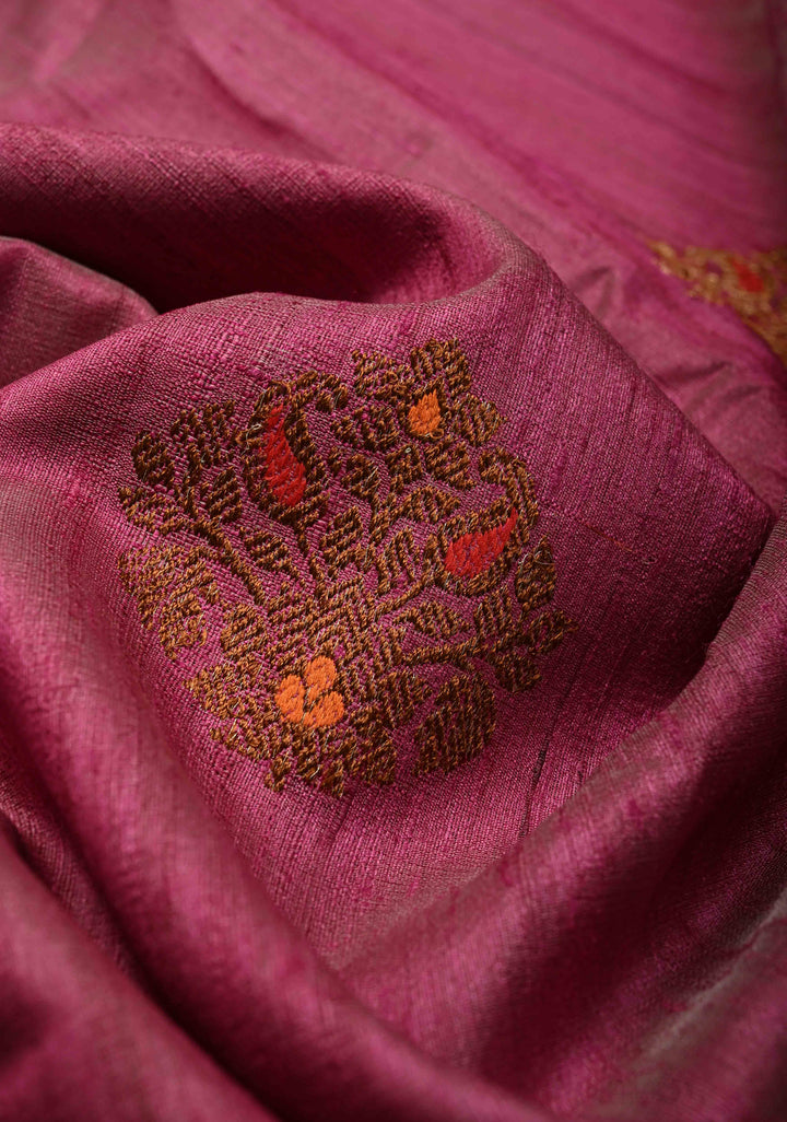 Mulberry Banarasi Tussar Silk Saree with Antique Meenakari Zari Buttas and Contrast Zari Border | SILK MARK CERTIFIED