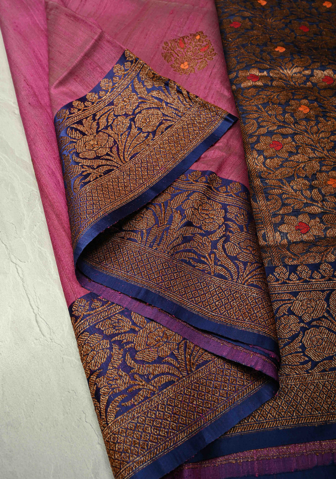 Mulberry Banarasi Tussar Silk Saree with Antique Meenakari Zari Buttas and Contrast Zari Border | SILK MARK CERTIFIED