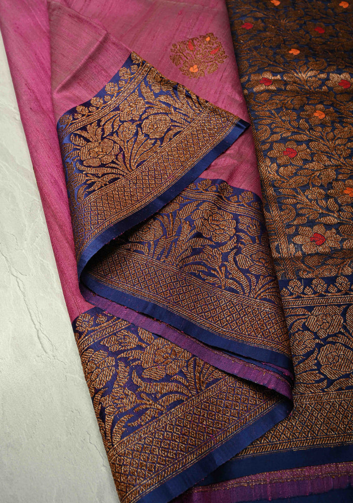 Mulberry Banarasi Tussar Silk Saree with Antique Meenakari Zari Buttas and Contrast Zari Border | SILK MARK CERTIFIED