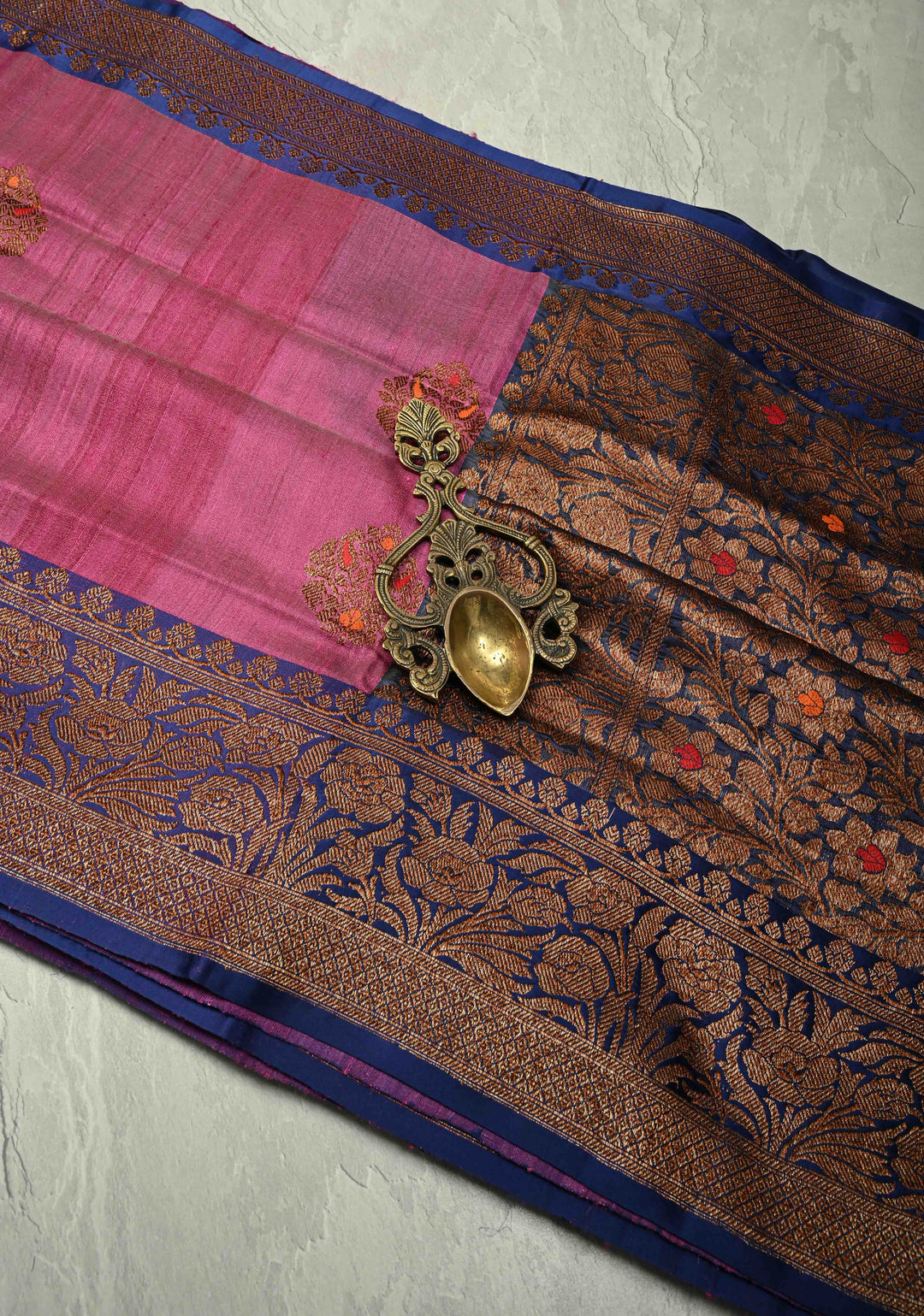 Mulberry Banarasi Tussar Silk Saree with Antique Meenakari Zari Buttas and Contrast Zari Border | SILK MARK CERTIFIED