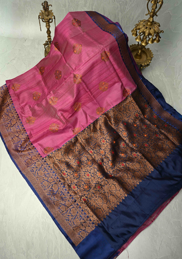 Mulberry Banarasi Tussar Silk Saree with Antique Meenakari Zari Buttas and Contrast Zari Border | SILK MARK CERTIFIED