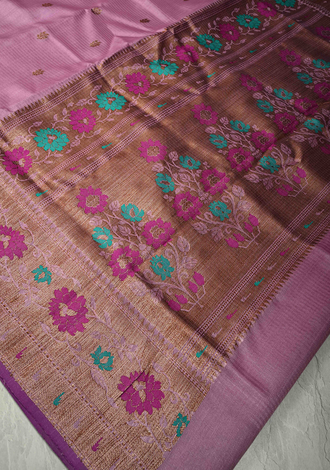 Onion Pink Pure Banarasi Tussar Silk Saree with Antique Zari Buttas and Meenakari Border | SILK MARK CERTIFIED