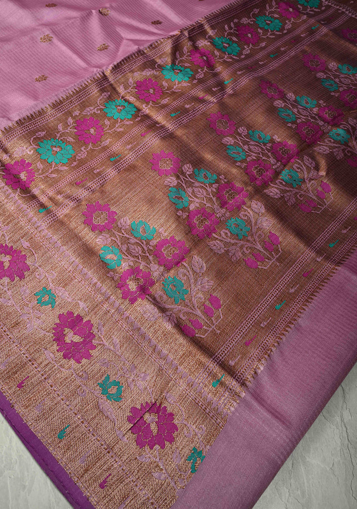 Onion Pink Pure Banarasi Tussar Silk Saree with Antique Zari Buttas and Meenakari Border | SILK MARK CERTIFIED