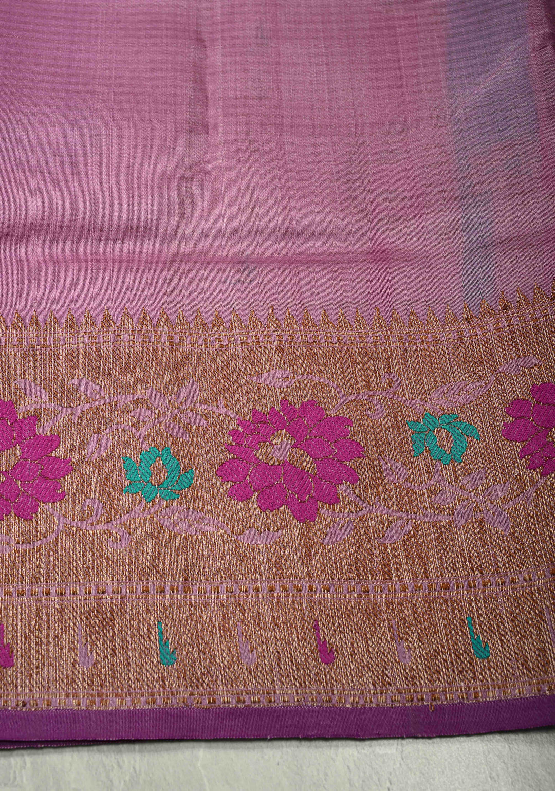 Onion Pink Pure Banarasi Tussar Silk Saree with Antique Zari Buttas and Meenakari Border | SILK MARK CERTIFIED