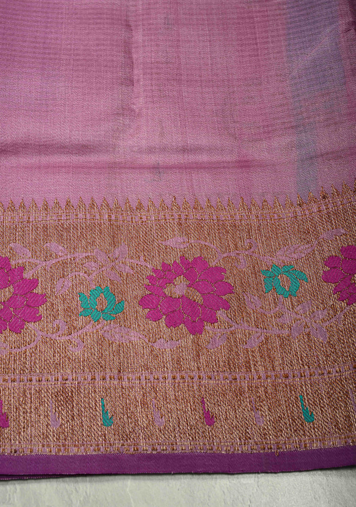 Onion Pink Pure Banarasi Tussar Silk Saree with Antique Zari Buttas and Meenakari Border | SILK MARK CERTIFIED