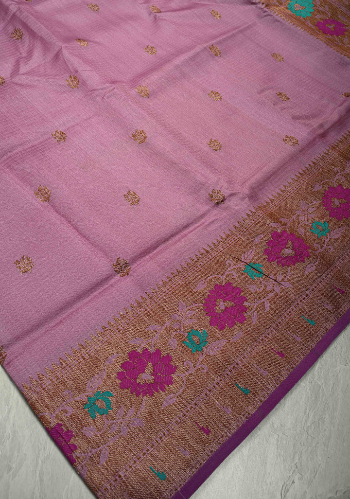 Onion Pink Pure Banarasi Tussar Silk Saree with Antique Zari Buttas and Meenakari Border | SILK MARK CERTIFIED