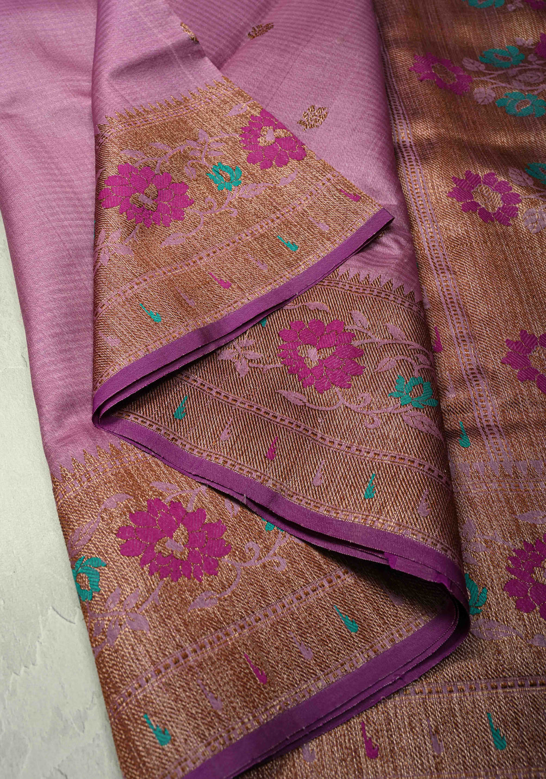 Onion Pink Pure Banarasi Tussar Silk Saree with Antique Zari Buttas and Meenakari Border | SILK MARK CERTIFIED