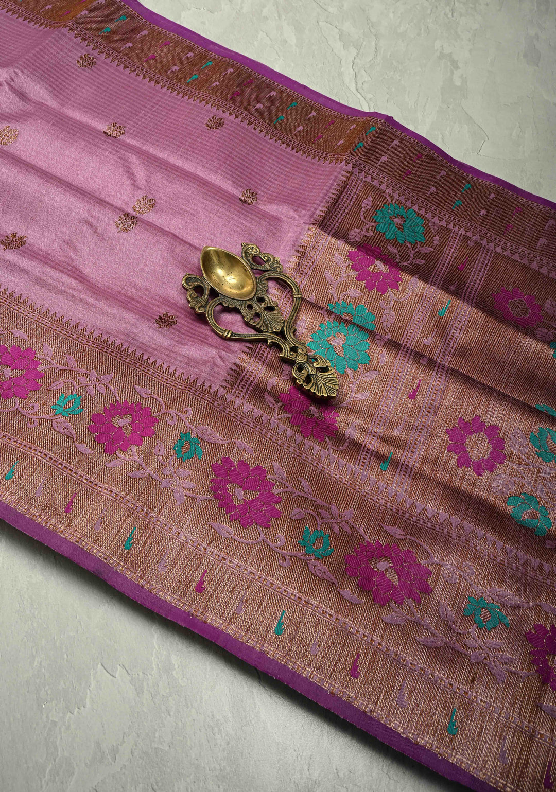 Onion Pink Pure Banarasi Tussar Silk Saree with Antique Zari Buttas and Meenakari Border | SILK MARK CERTIFIED
