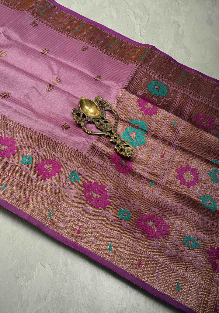 Onion Pink Pure Banarasi Tussar Silk Saree with Antique Zari Buttas and Meenakari Border | SILK MARK CERTIFIED