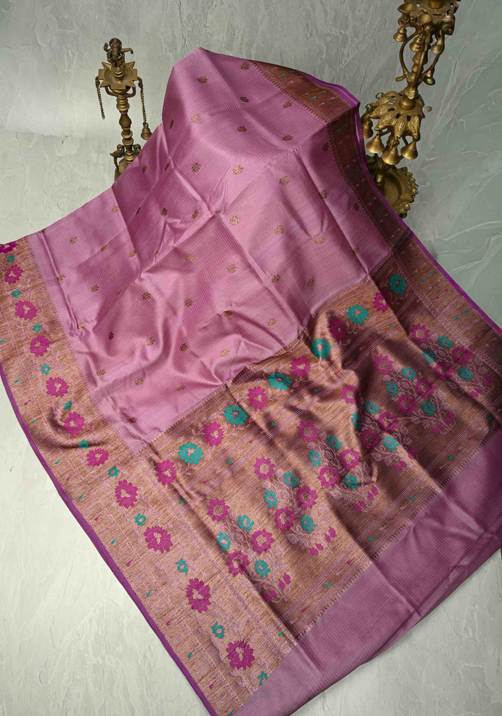 Onion Pink Pure Banarasi Tussar Silk Saree with Antique Zari Buttas and Meenakari Border | SILK MARK CERTIFIED