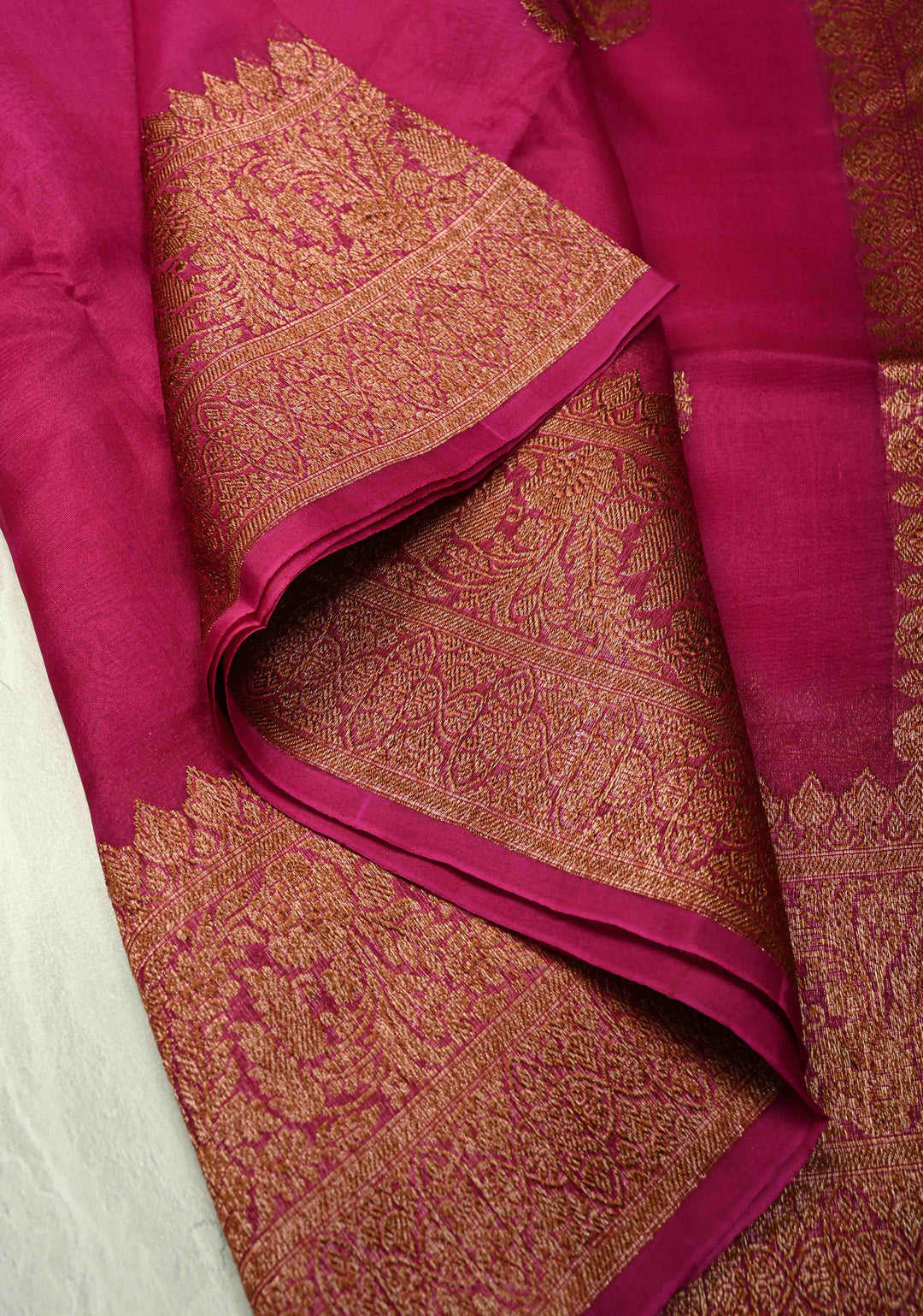 Magenta Pure Banarasi Kora Silk Saree with Antique Zari Buttas and Zari Border | SILK MARK CERTIFIED