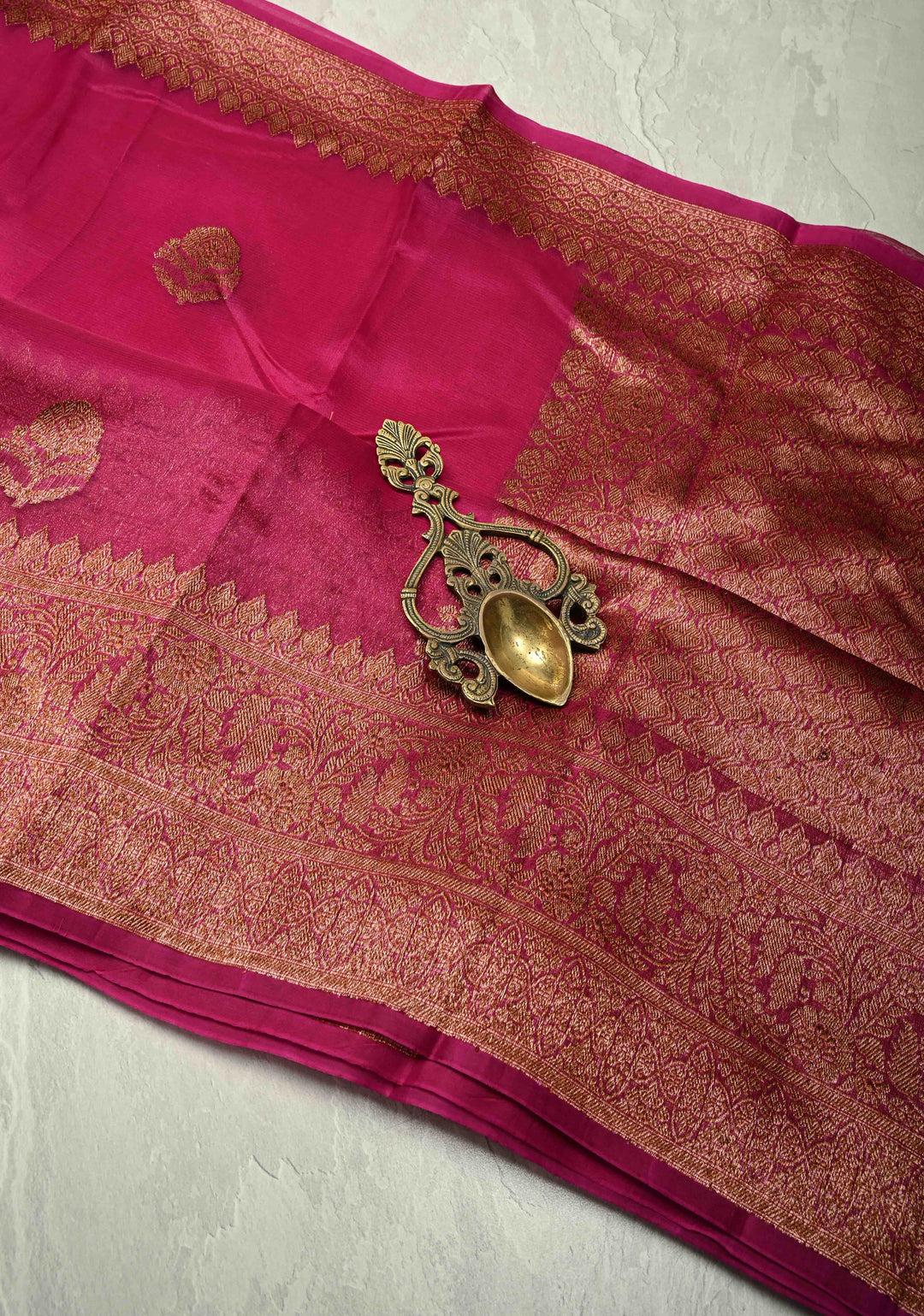 Magenta Pure Banarasi Kora Silk Saree with Antique Zari Buttas and Zari Border | SILK MARK CERTIFIED