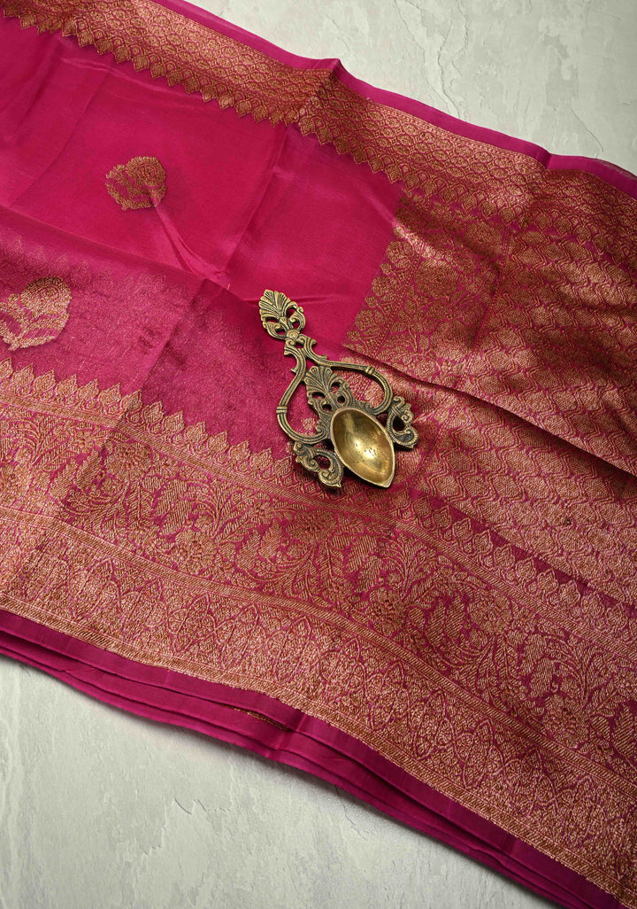 Magenta Pure Banarasi Kora Silk Saree with Antique Zari Buttas and Zari Border | SILK MARK CERTIFIED
