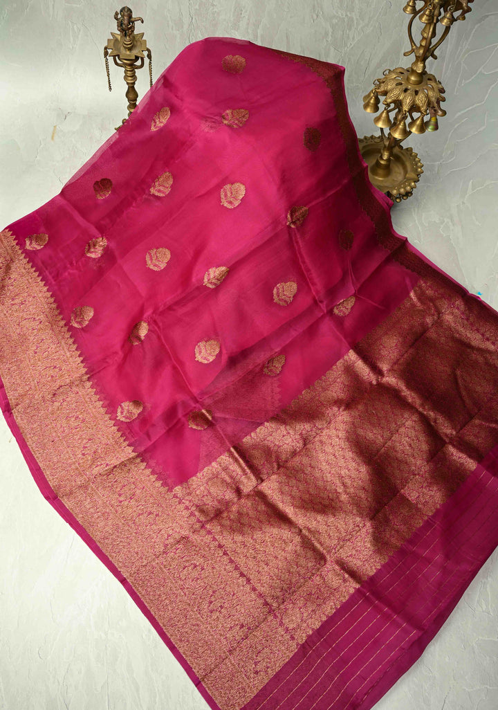 Magenta Pure Banarasi Kora Silk Saree with Antique Zari Buttas and Zari Border | SILK MARK CERTIFIED