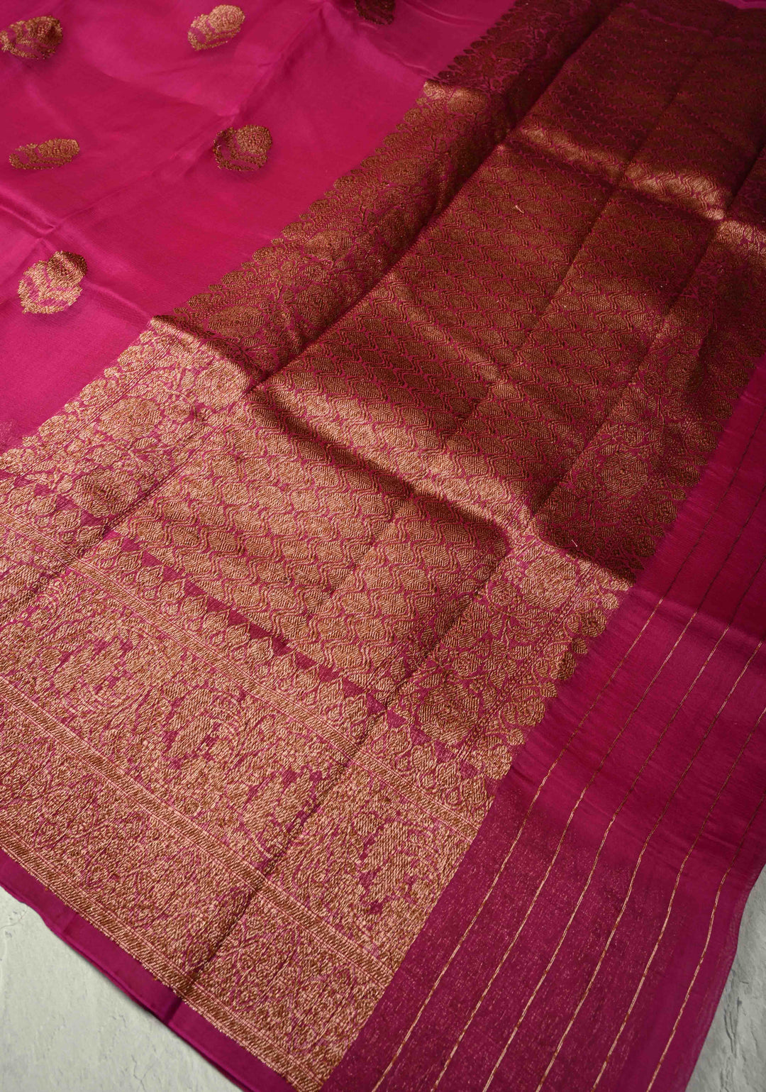 Magenta Pure Banarasi Kora Silk Saree with Antique Zari Buttas and Zari Border | SILK MARK CERTIFIED