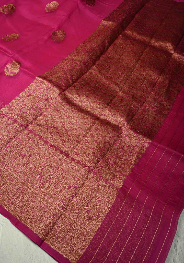 Magenta Pure Banarasi Kora Silk Saree with Antique Zari Buttas and Zari Border | SILK MARK CERTIFIED