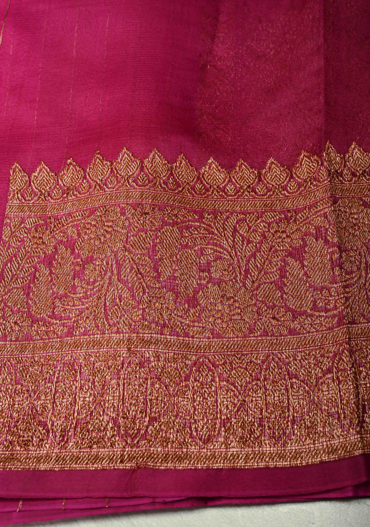 Magenta Pure Banarasi Kora Silk Saree with Antique Zari Buttas and Zari Border | SILK MARK CERTIFIED
