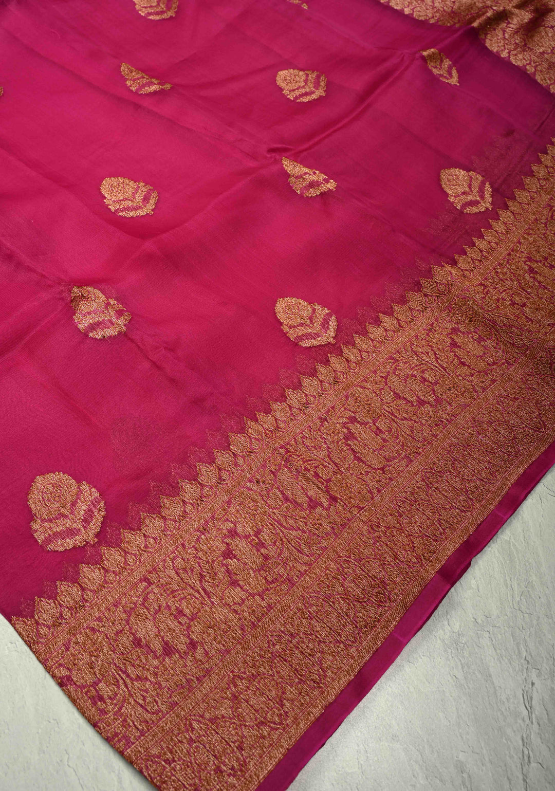 Magenta Pure Banarasi Kora Silk Saree with Antique Zari Buttas and Zari Border | SILK MARK CERTIFIED