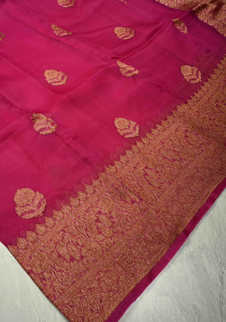 Magenta Pure Banarasi Kora Silk Saree with Antique Zari Buttas and Zari Border | SILK MARK CERTIFIED