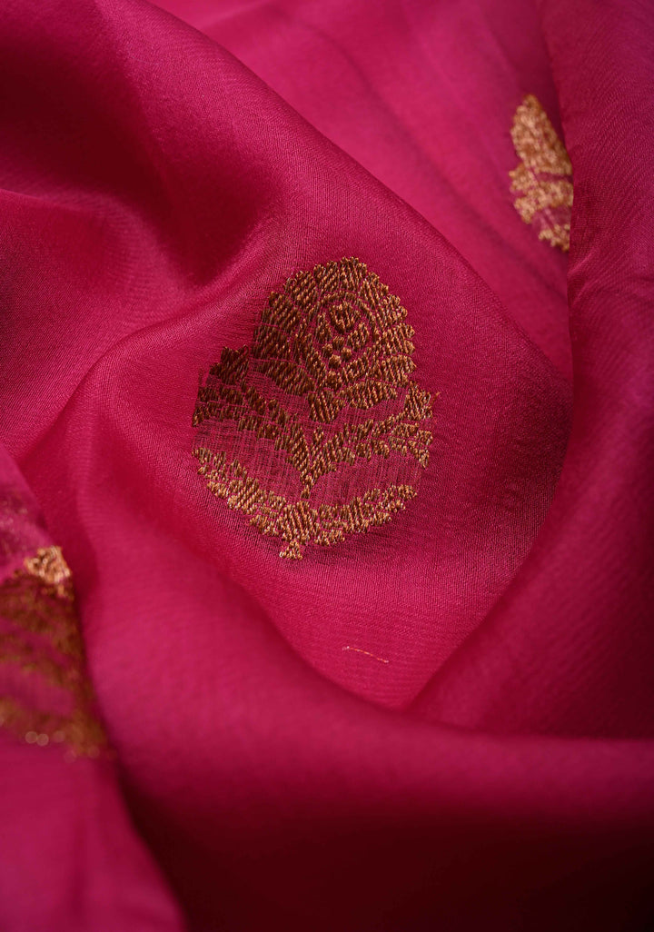 Magenta Pure Banarasi Kora Silk Saree with Antique Zari Buttas and Zari Border | SILK MARK CERTIFIED