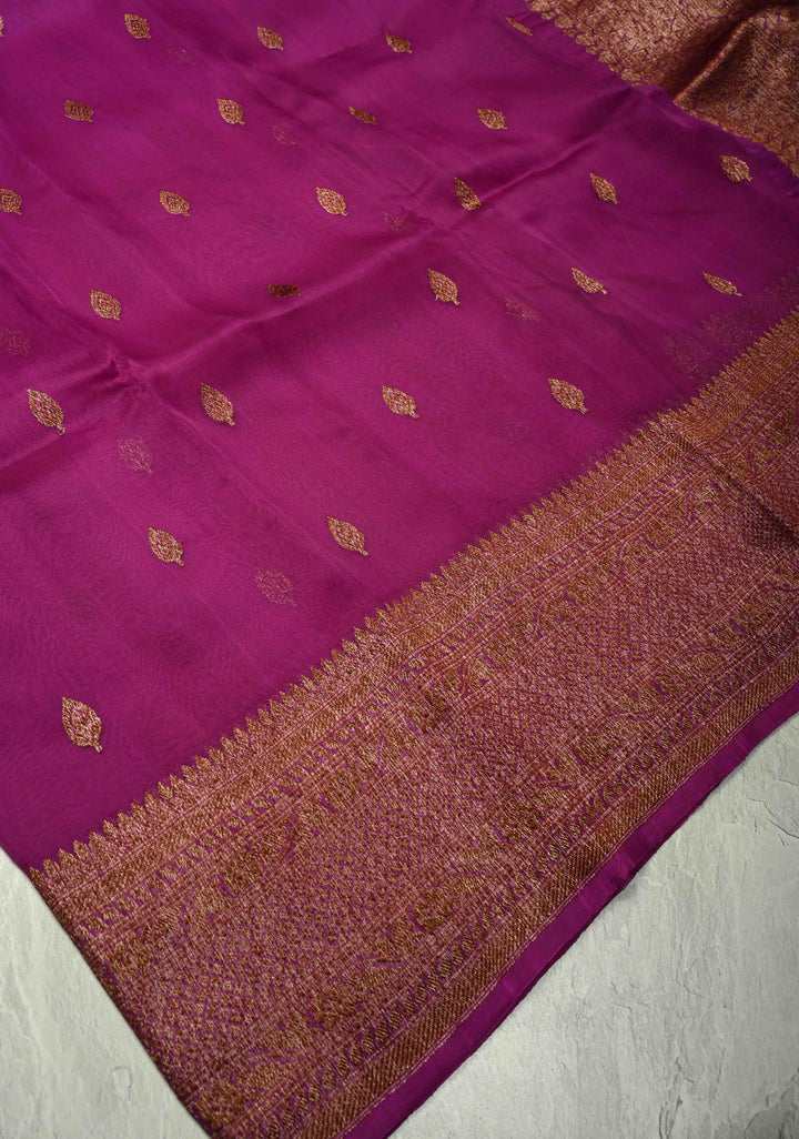 Purple Pure Banarasi Kora Silk Saree with Antique Zari Buttas and Zari Border | SILK MARK CERTIFIED