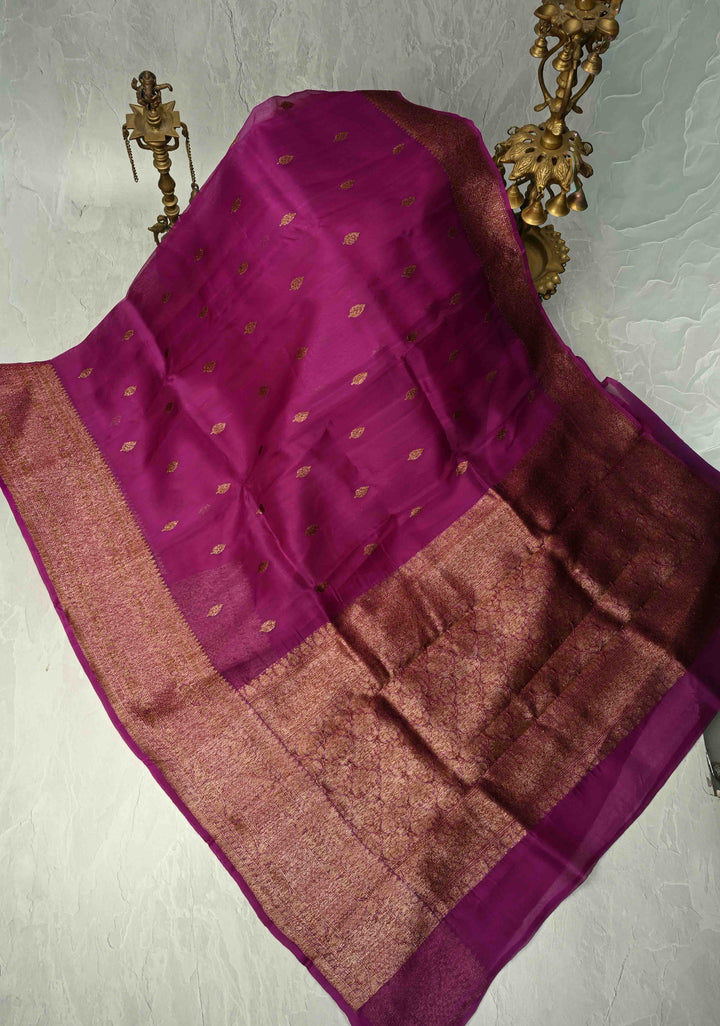 Purple Pure Banarasi Kora Silk Saree with Antique Zari Buttas and Zari Border | SILK MARK CERTIFIED