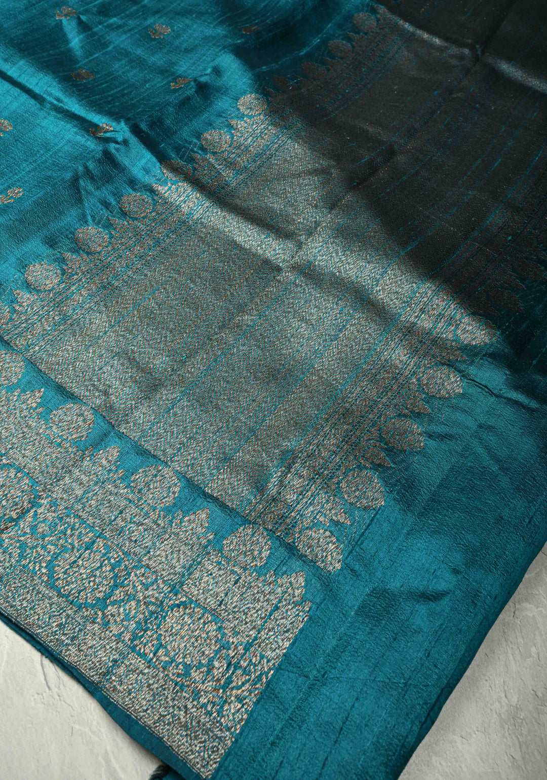 Copper Sulphate Blue Banarasi Raw Silk Saree with Antique Silver Zari Buttas and Border | SILK MARK CERTIFIED