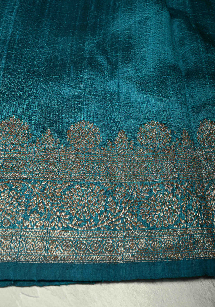 Copper Sulphate Blue Banarasi Raw Silk Saree with Antique Silver Zari Buttas and Border | SILK MARK CERTIFIED