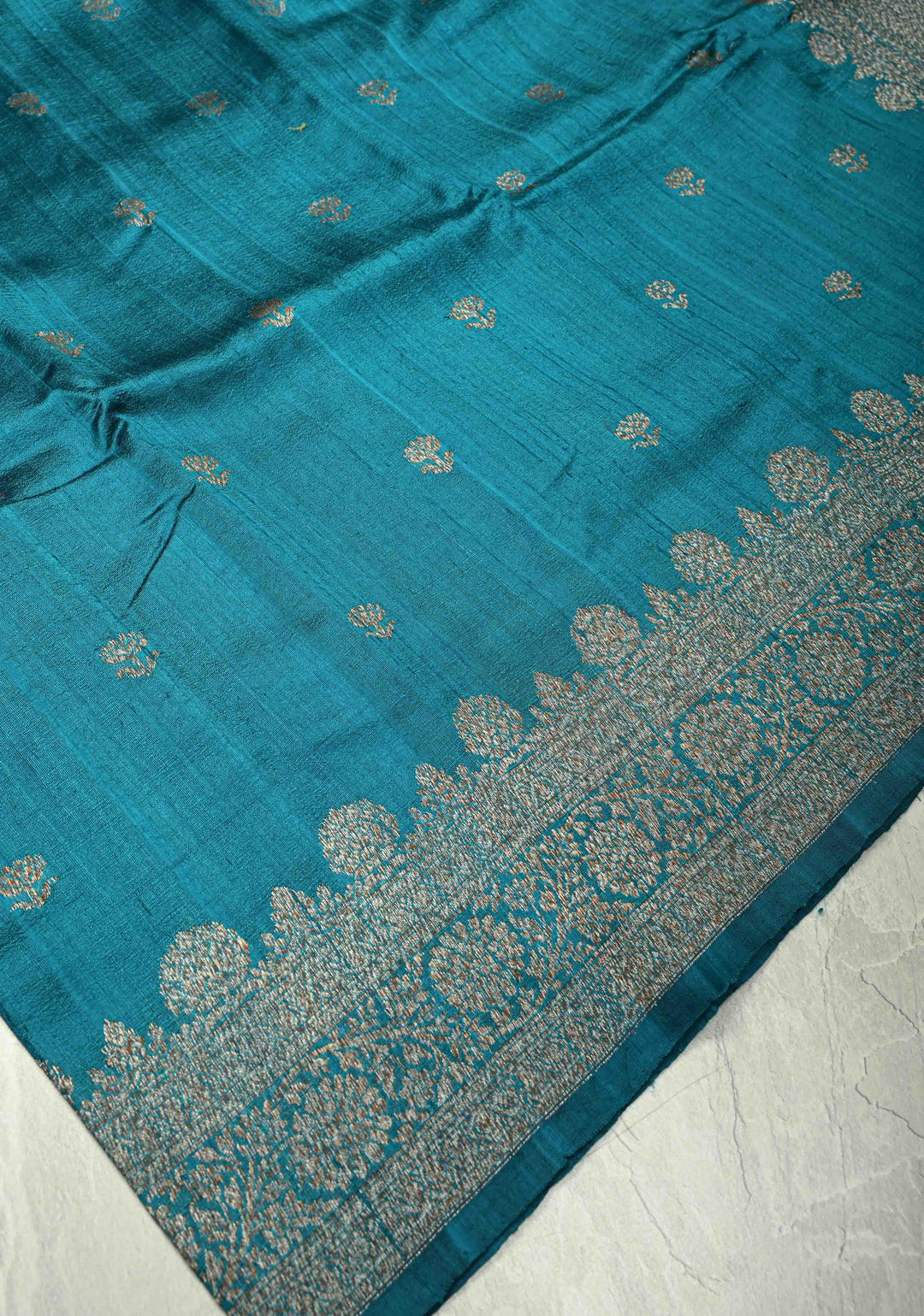 Copper Sulphate Blue Banarasi Raw Silk Saree with Antique Silver Zari Buttas and Border | SILK MARK CERTIFIED