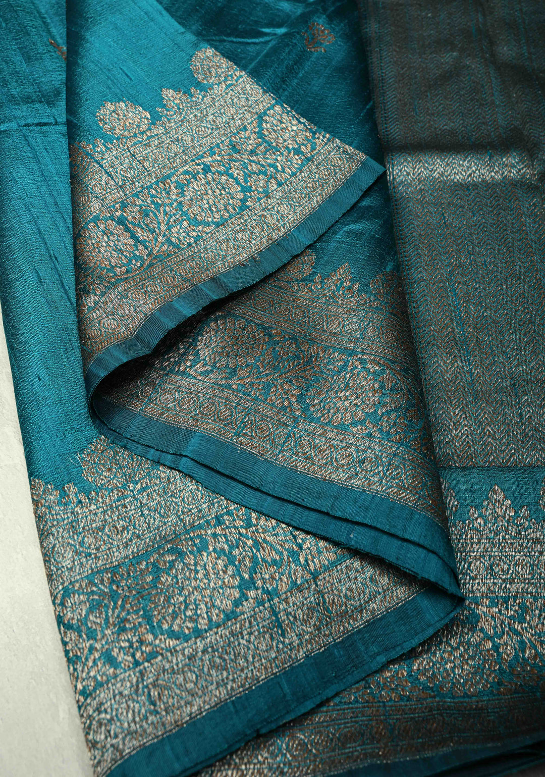 Copper Sulphate Blue Banarasi Raw Silk Saree with Antique Silver Zari Buttas and Border | SILK MARK CERTIFIED