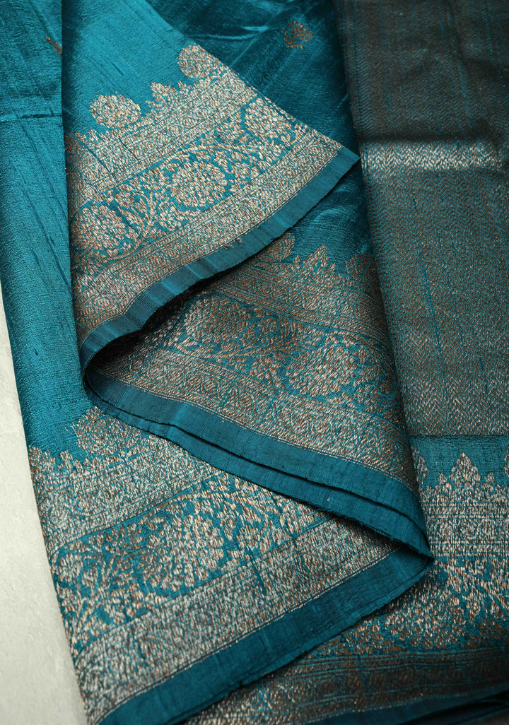 Copper Sulphate Blue Banarasi Raw Silk Saree with Antique Silver Zari Buttas and Border | SILK MARK CERTIFIED
