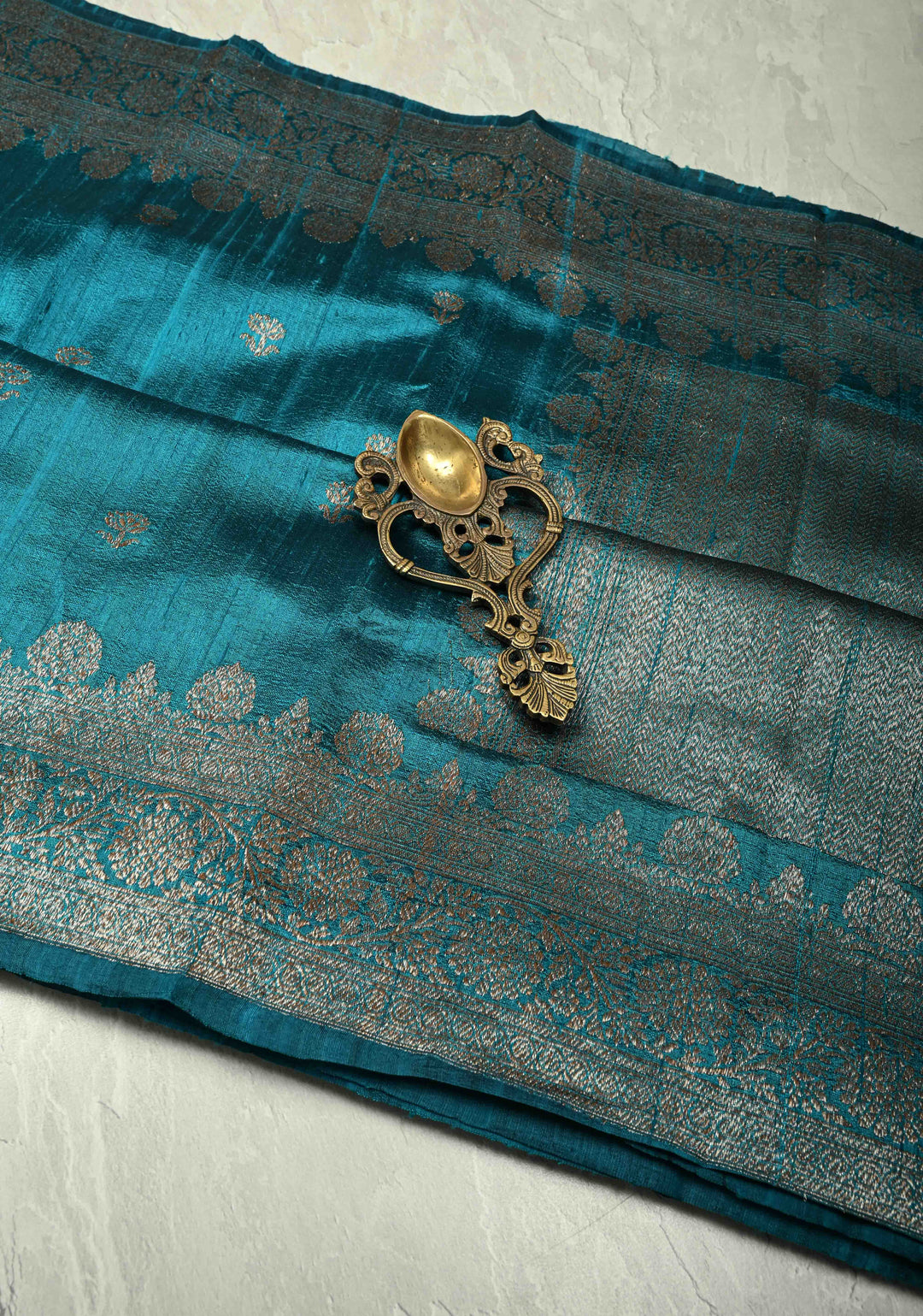 Copper Sulphate Blue Banarasi Raw Silk Saree with Antique Silver Zari Buttas and Border | SILK MARK CERTIFIED