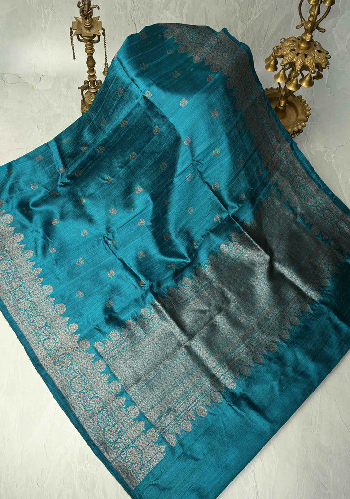 Copper Sulphate Blue Banarasi Raw Silk Saree with Antique Silver Zari Buttas and Border | SILK MARK CERTIFIED