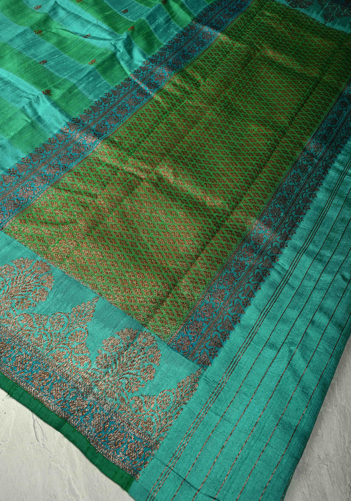 Green-Blue Horizontal Stripes on Banarasi Raw Silk Hand Brush Dye Saree with Antique Zari Buttis and Zari Border | SILK MARK CERTIFIED