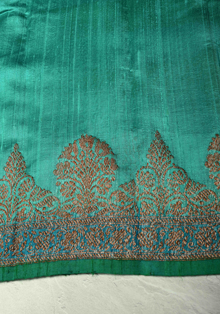 Green-Blue Horizontal Stripes on Banarasi Raw Silk Hand Brush Dye Saree with Antique Zari Buttis and Zari Border | SILK MARK CERTIFIED