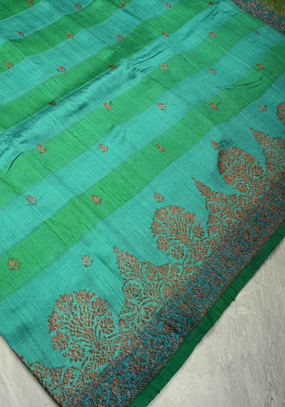 Green-Blue Horizontal Stripes on Banarasi Raw Silk Hand Brush Dye Saree with Antique Zari Buttis and Zari Border | SILK MARK CERTIFIED