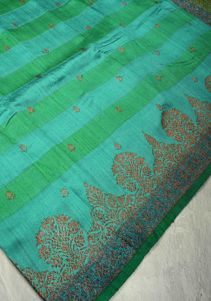 Green-Blue Horizontal Stripes on Banarasi Raw Silk Hand Brush Dye Saree with Antique Zari Buttis and Zari Border | SILK MARK CERTIFIED
