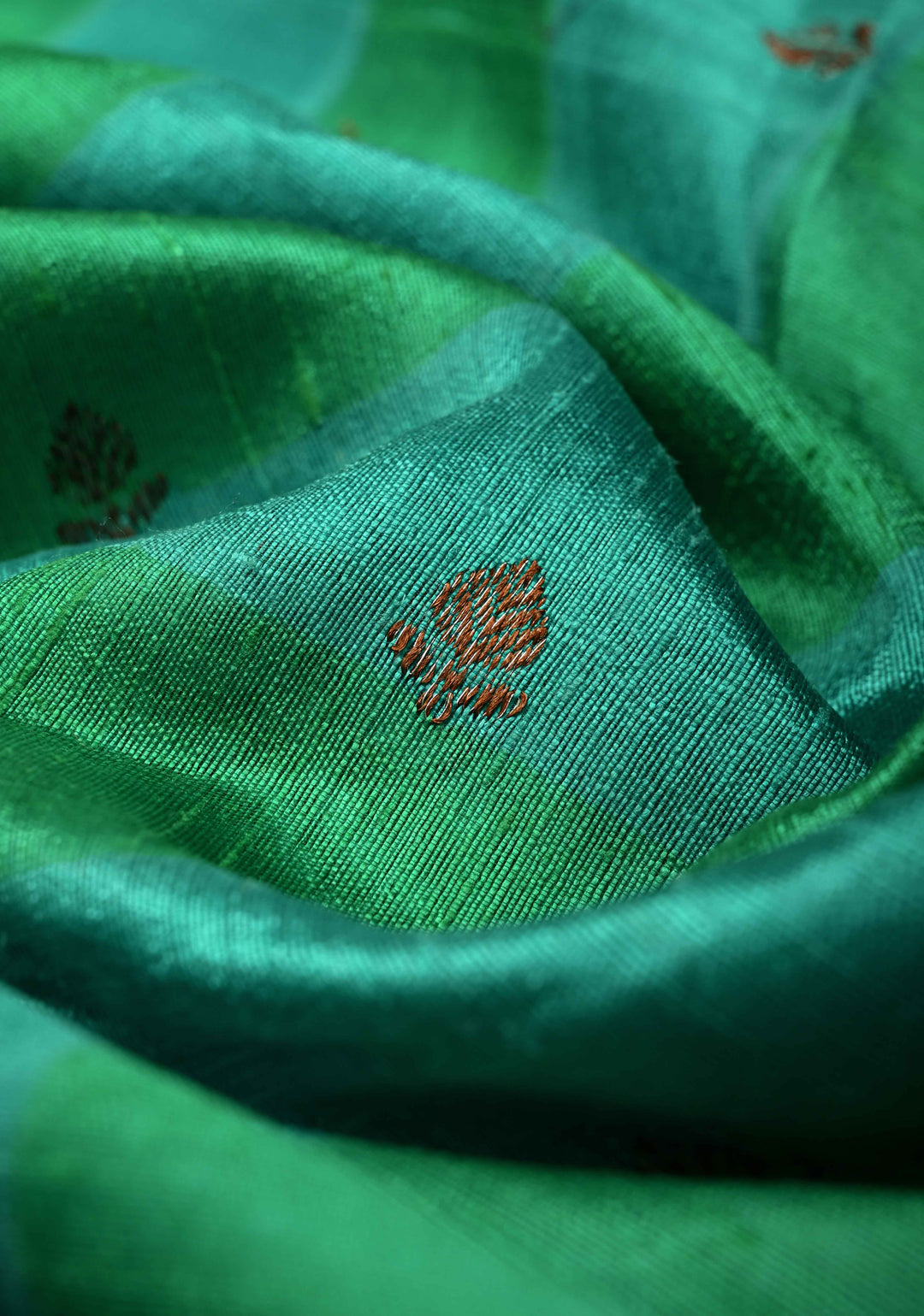 Green-Blue Horizontal Stripes on Banarasi Raw Silk Hand Brush Dye Saree with Antique Zari Buttis and Zari Border | SILK MARK CERTIFIED