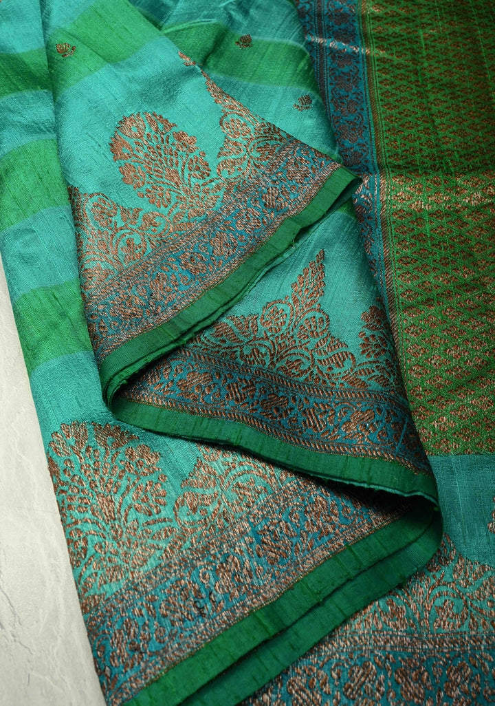 Green-Blue Horizontal Stripes on Banarasi Raw Silk Hand Brush Dye Saree with Antique Zari Buttis and Zari Border | SILK MARK CERTIFIED