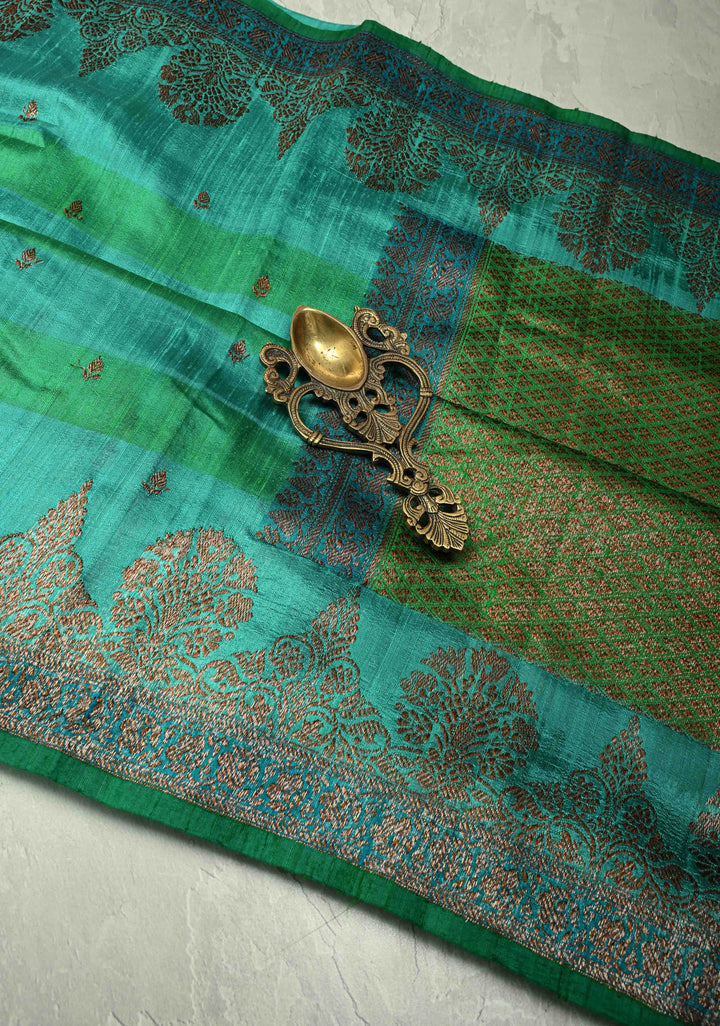 Green-Blue Horizontal Stripes on Banarasi Raw Silk Hand Brush Dye Saree with Antique Zari Buttis and Zari Border | SILK MARK CERTIFIED