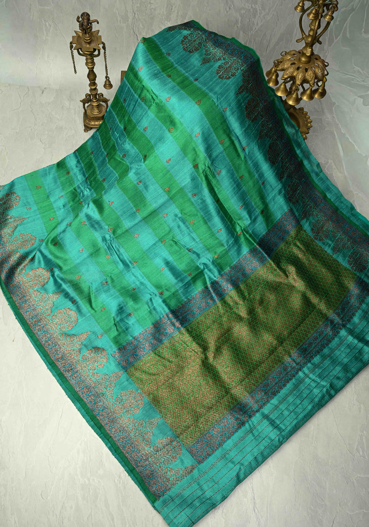 Green-Blue Horizontal Stripes on Banarasi Raw Silk Hand Brush Dye Saree with Antique Zari Buttis and Zari Border | SILK MARK CERTIFIED