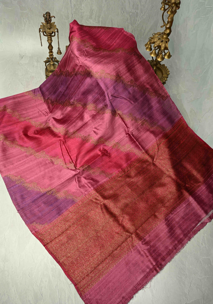 Multicolor Borderless Raw Silk Banarasi Brush Dye Saree with Rangkaat Style and Antique Zari Daignoal Stripes |SILK MARK CERTIFIED