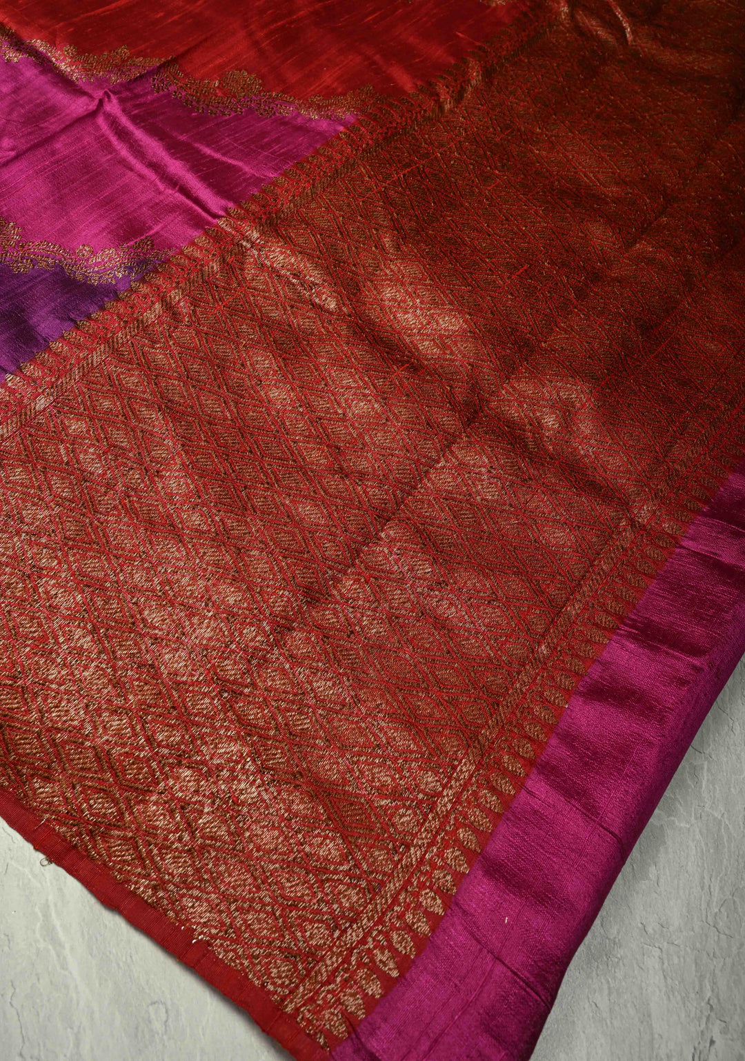 Multicolor Borderless Raw Silk Banarasi Brush Dye Saree with Rangkaat Style and Antique Zari Daignoal Stripes | SILK MARK CERTIFIED
