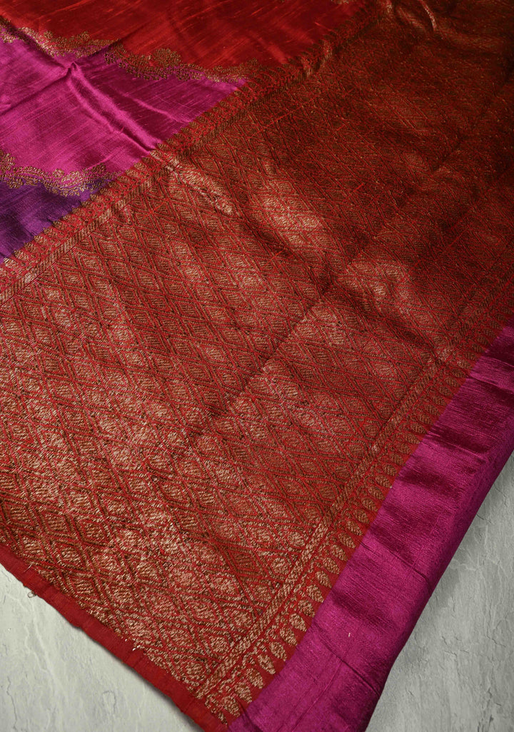 Multicolor Borderless Raw Silk Banarasi Brush Dye Saree with Rangkaat Style and Antique Zari Daignoal Stripes | SILK MARK CERTIFIED