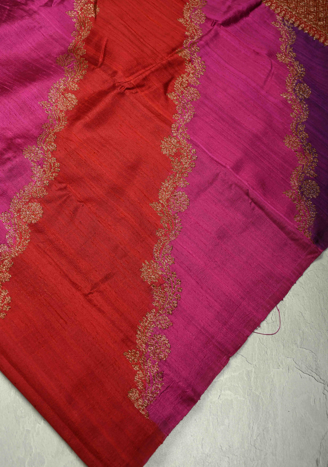Multicolor Borderless Raw Silk Banarasi Brush Dye Saree with Rangkaat Style and Antique Zari Daignoal Stripes | SILK MARK CERTIFIED